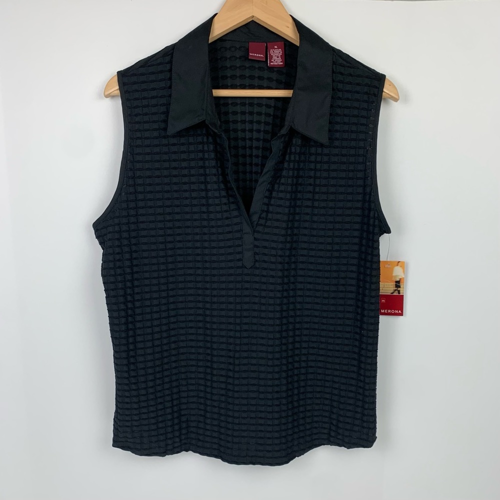 NWT Merona Black Sleeveless Collared Textured Mesh Top Blouse Size XL